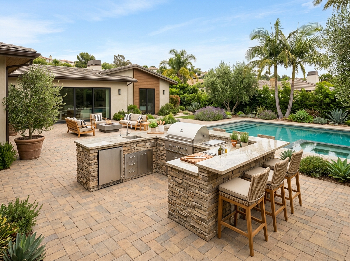 Outdoor kitchen with built-in BBQ island on a paver patio