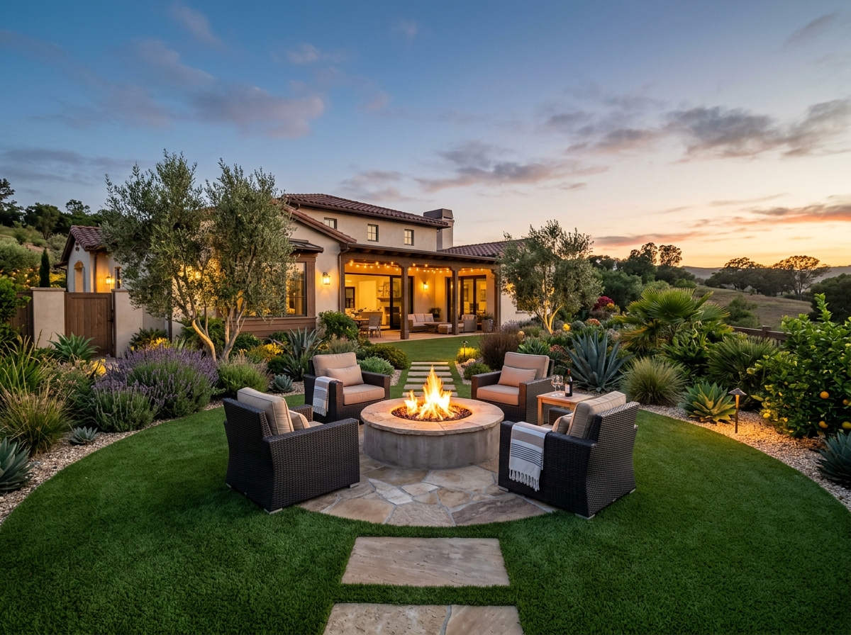 Backyard fire pit seating area surrounded by artificial turf at dusk
