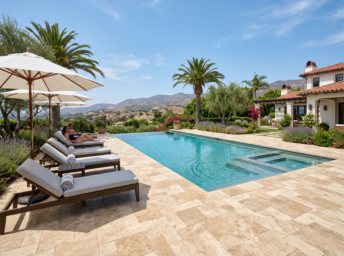 Travertine paver pool deck with lounge chairs in a California backyard