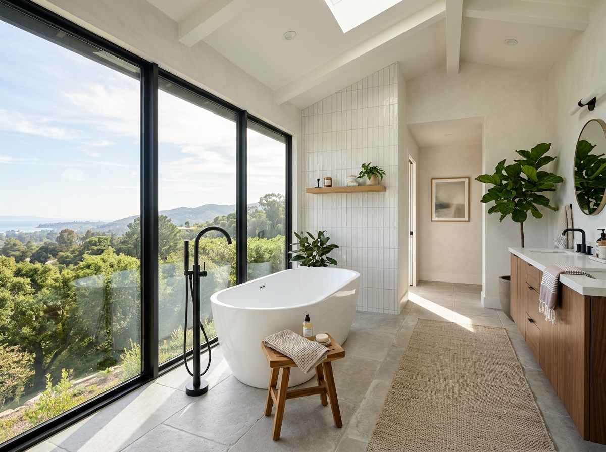 Freestanding soaking tub beside a large window in a bathroom remodel