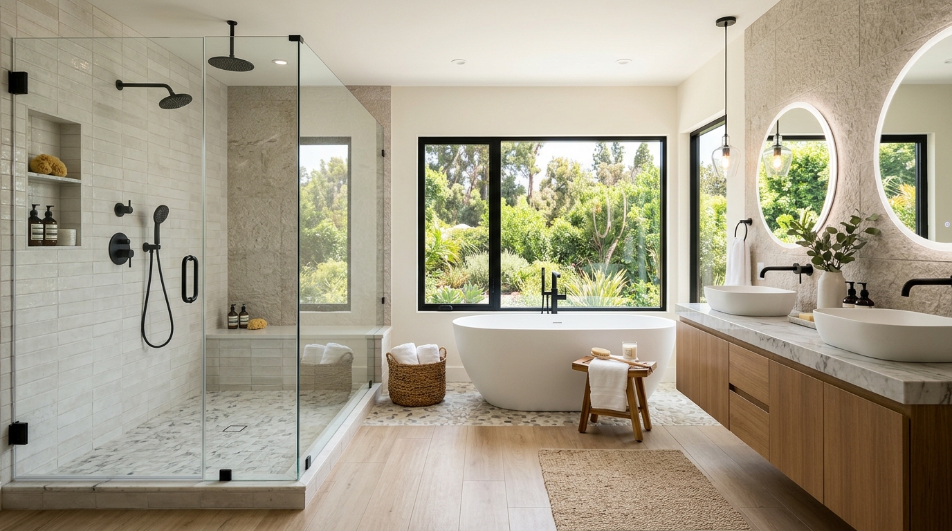 Spa-style bathroom remodel with walk-in shower and custom tile