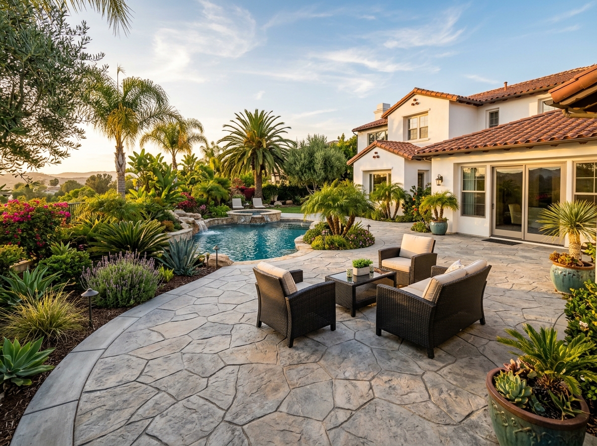 Stamped concrete patio with flagstone pattern in a Southern California backyard