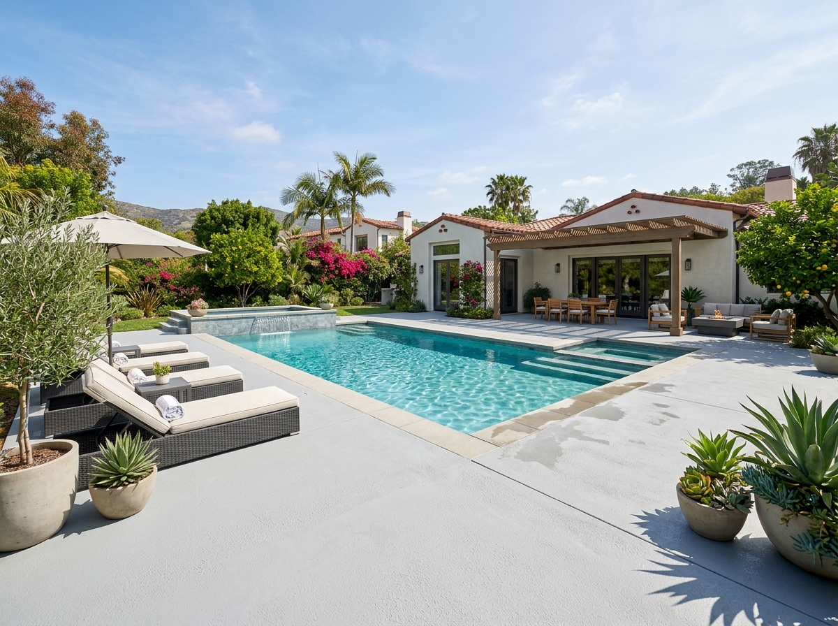 Resurfaced cool-deck concrete pool deck in an Orange County backyard