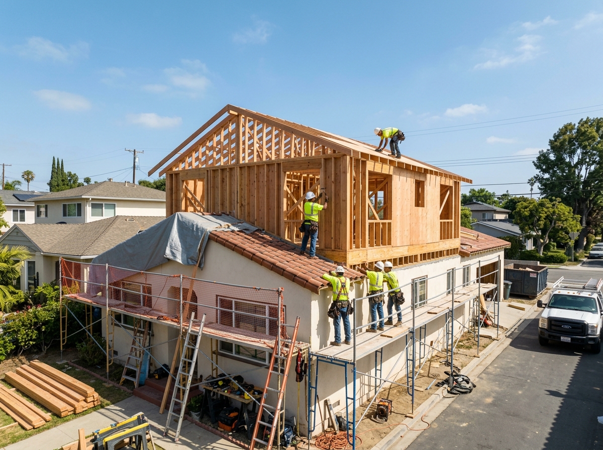 Second-story addition framing rising above an existing roofline