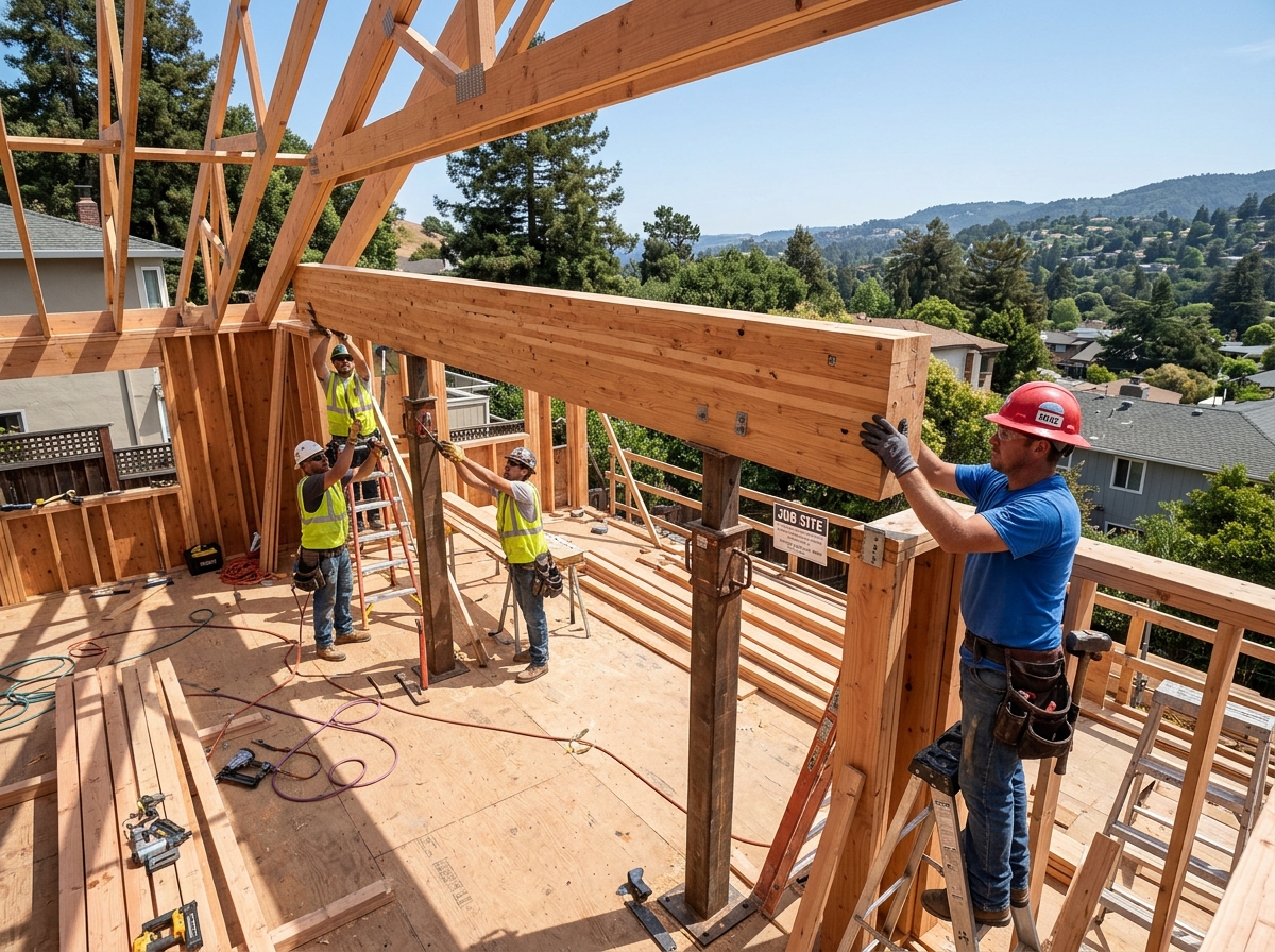 Structural support beam being installed in a framed home addition