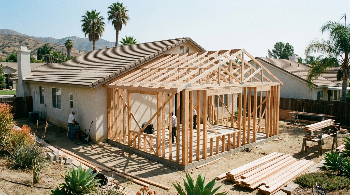 Framing and structural construction on a home addition in Orange County