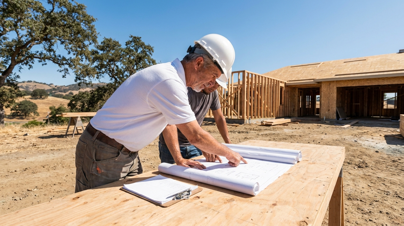 General contractor reviewing blueprints on an Orange County jobsite