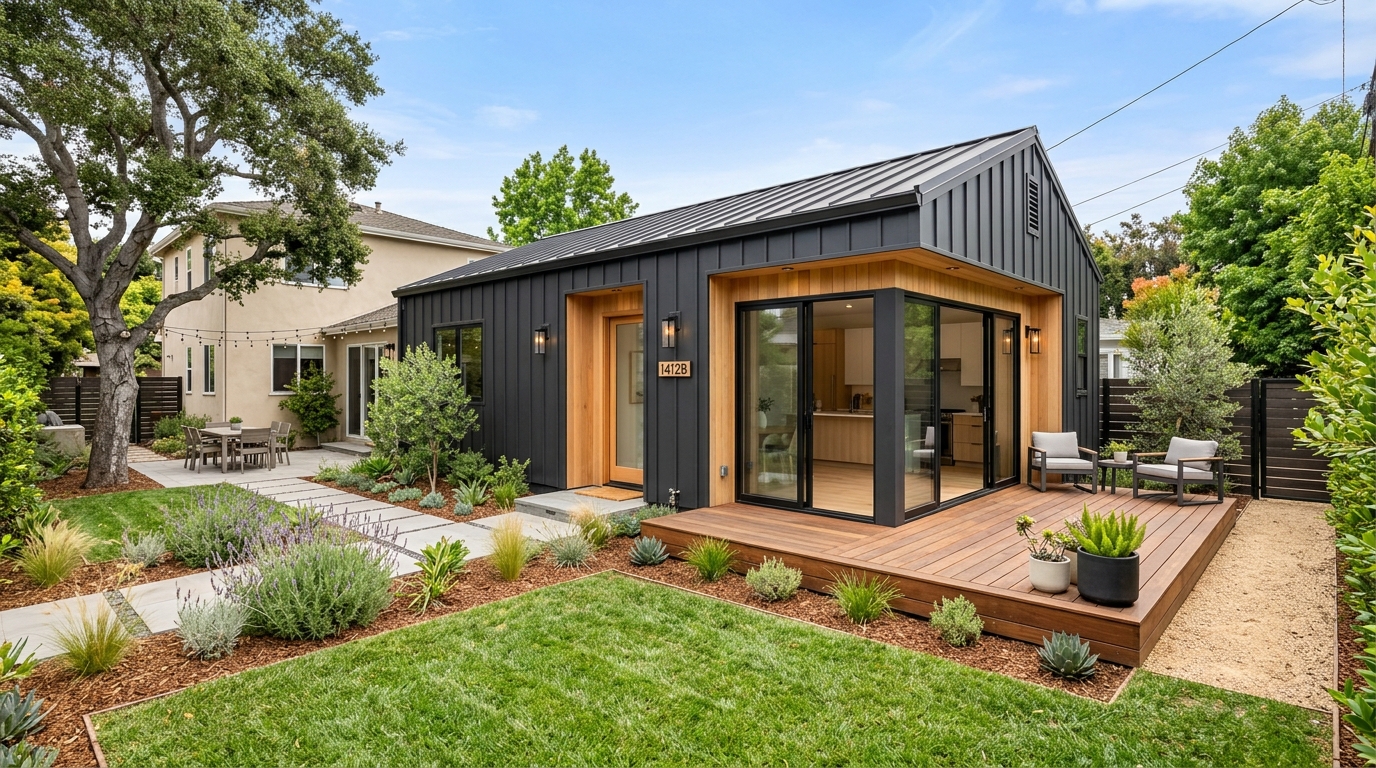 Newly built backyard ADU with modern dark siding in Orange County