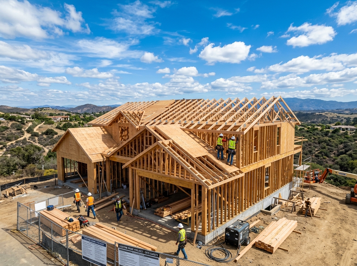 Custom home under construction with wood framing and roof trusses