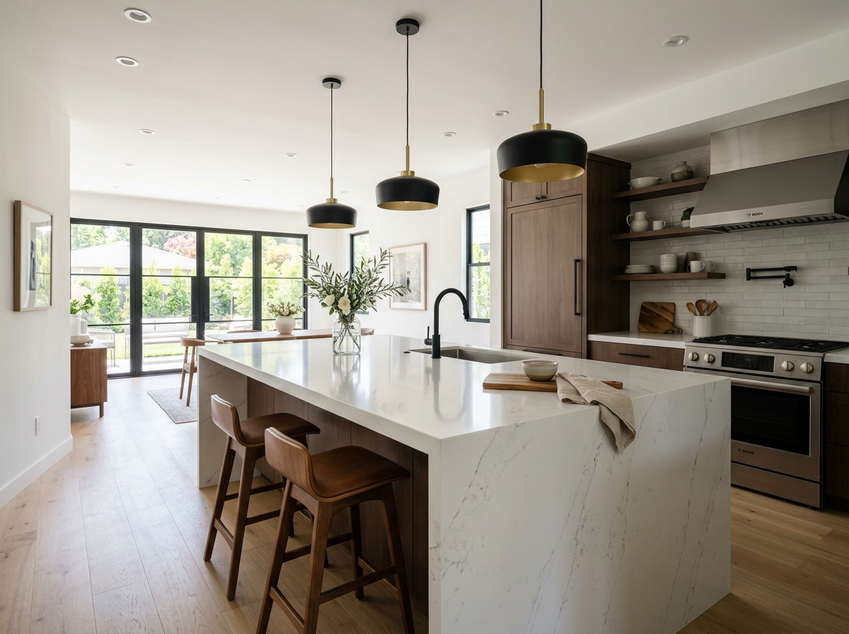 Kitchen island with waterfall-edge quartz countertop and pendant lighting