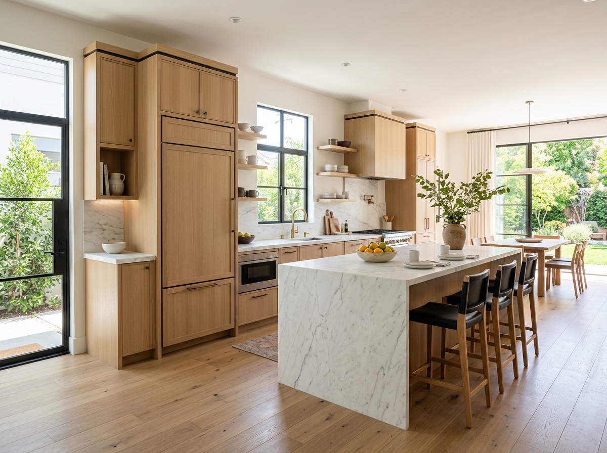 Panel-ready refrigerator integrated into custom kitchen cabinetry