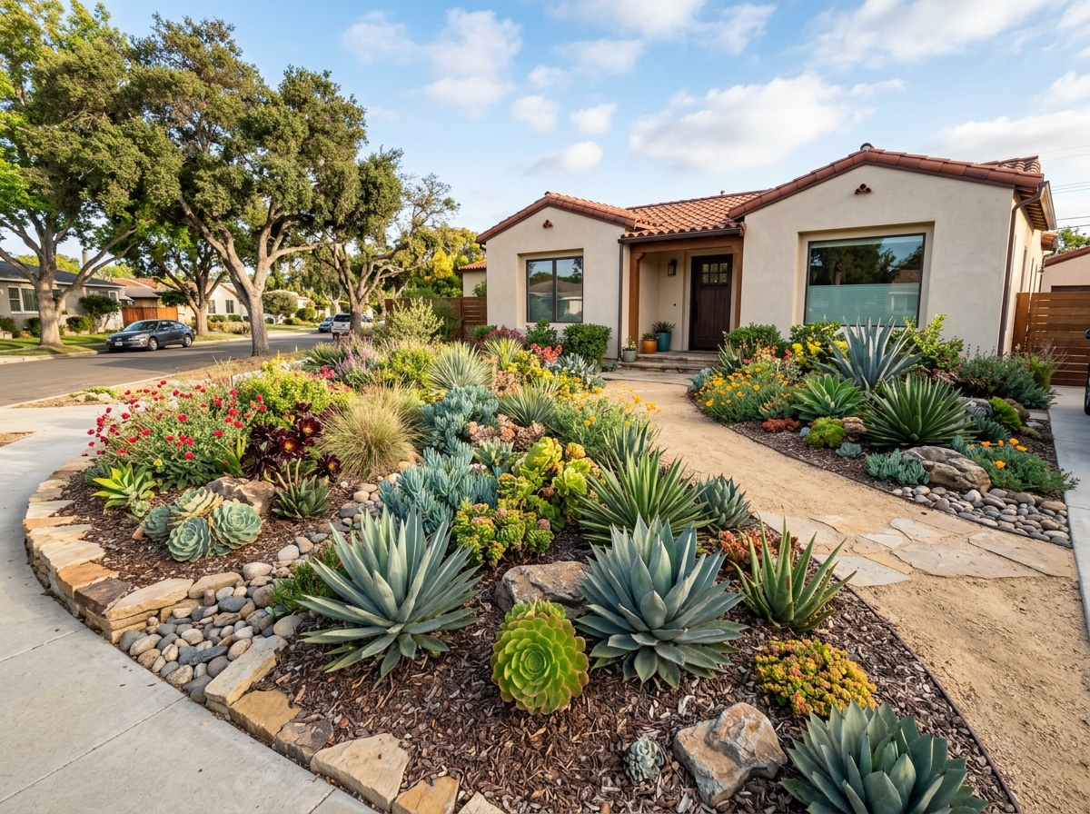 Drought-tolerant planting bed with succulents and native plants