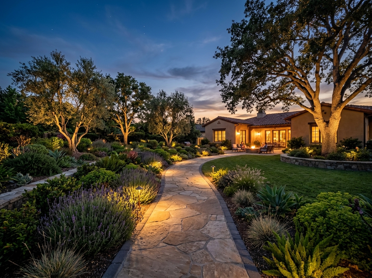 Landscape lighting illuminating trees and a pathway at dusk