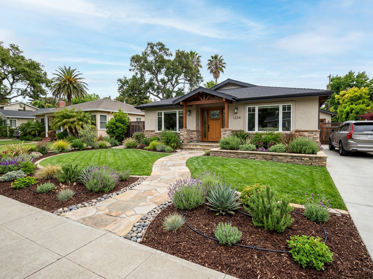 Freshly landscaped California front yard with new planting beds