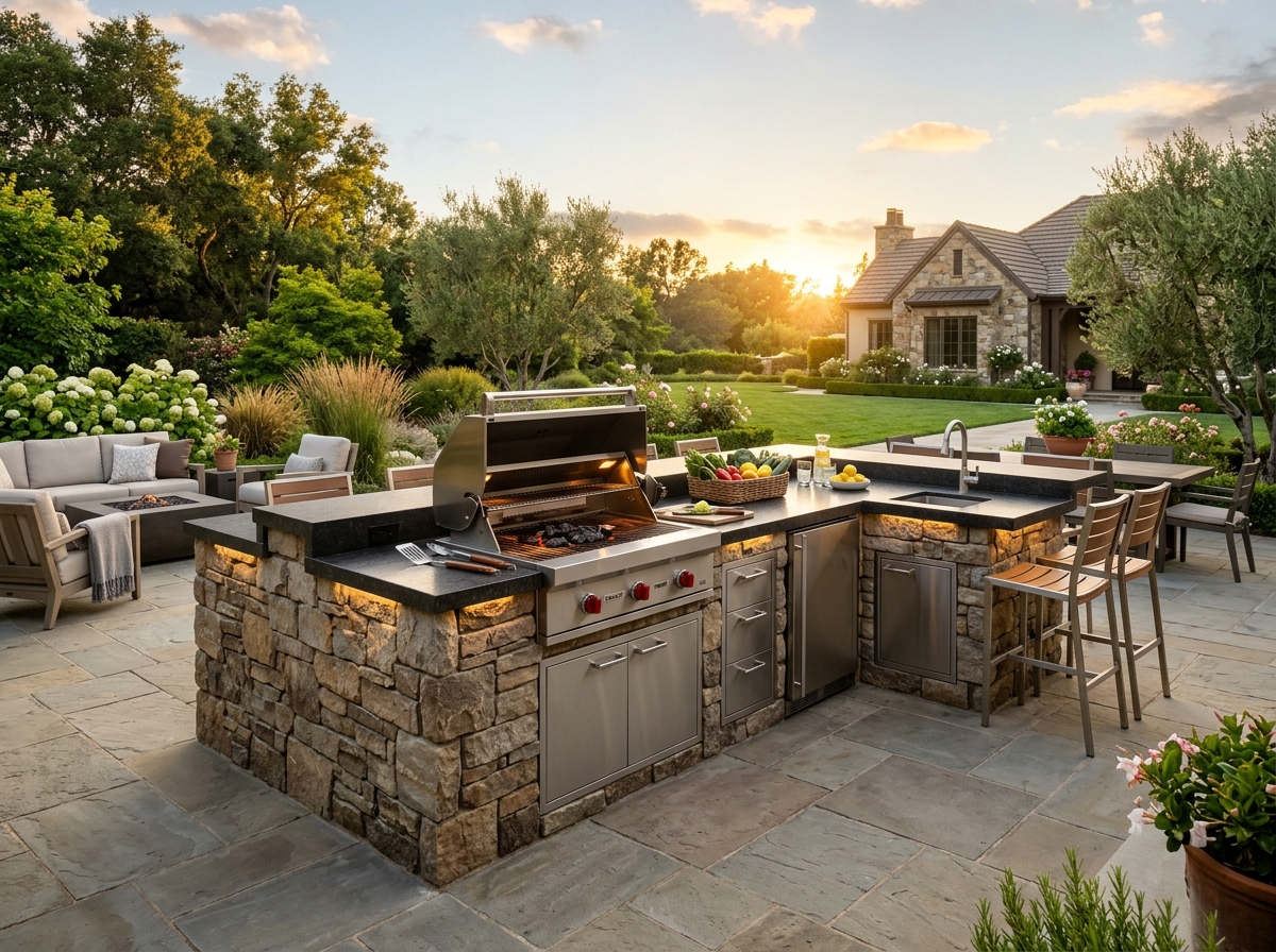 Stone veneer outdoor kitchen island with built-in BBQ at golden hour