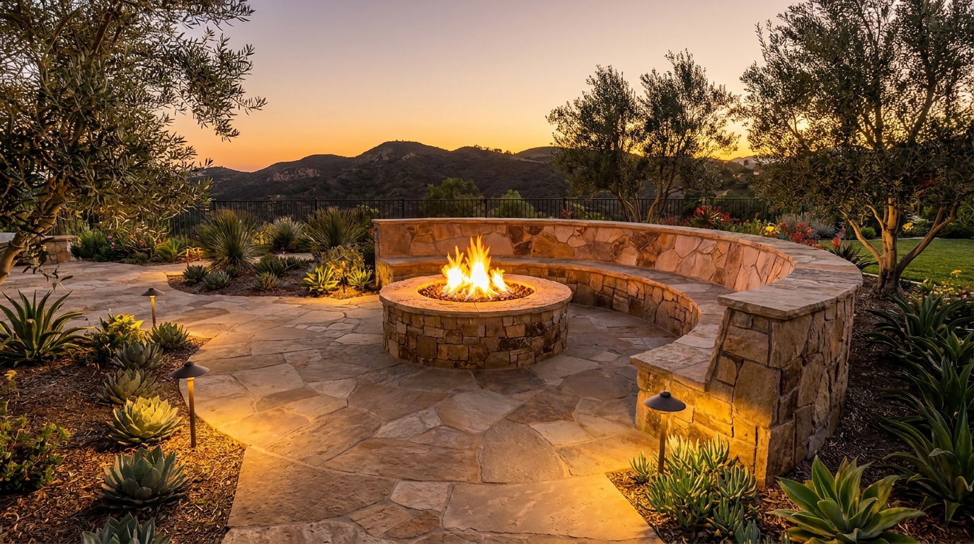 Custom stone fire pit and masonry work in an Orange County backyard