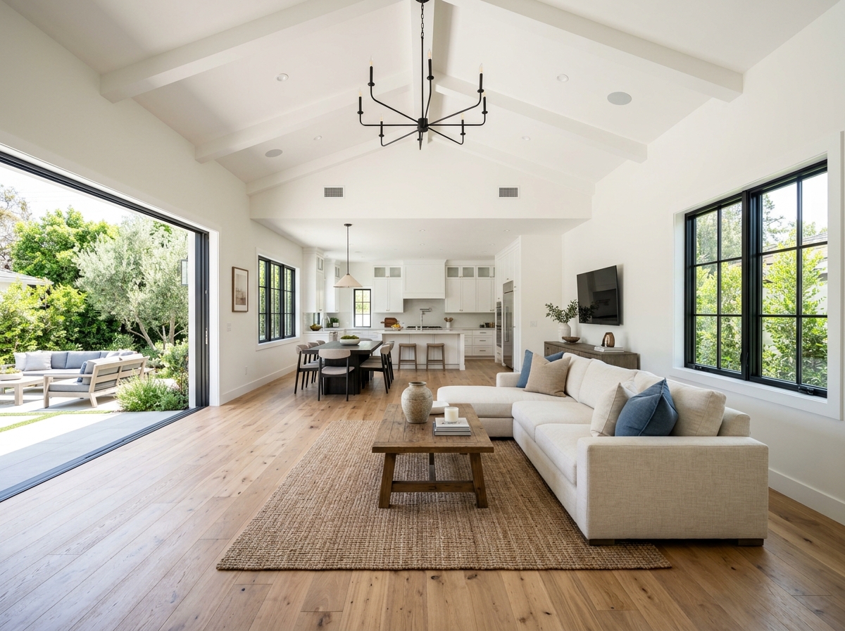 Remodeled living room with new hardwood flooring and fresh paint