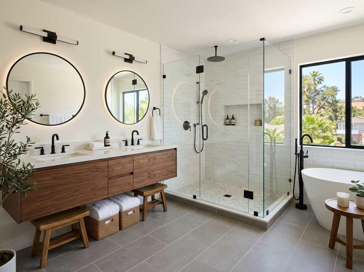 Renovated primary bathroom with double vanity and walk-in shower
