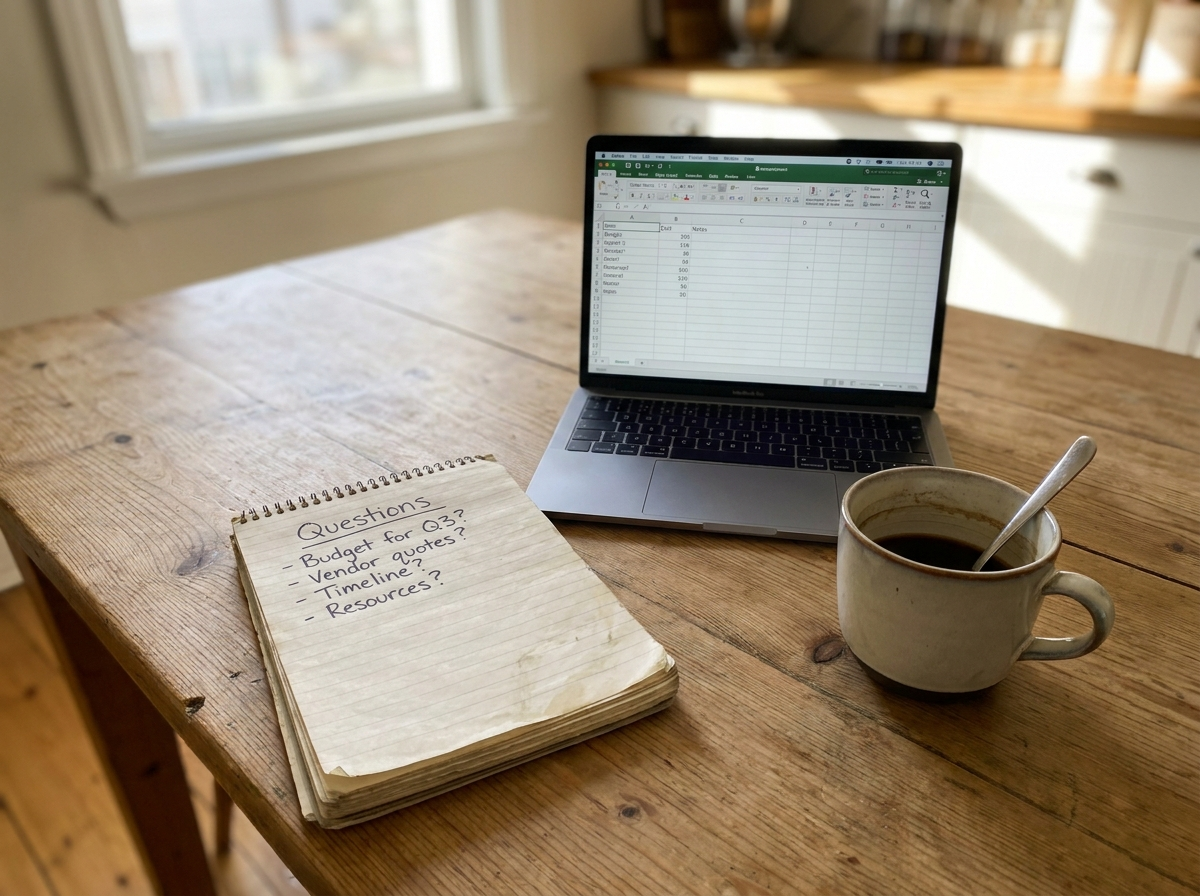 Homeowner discussing questions with a contractor at a kitchen table