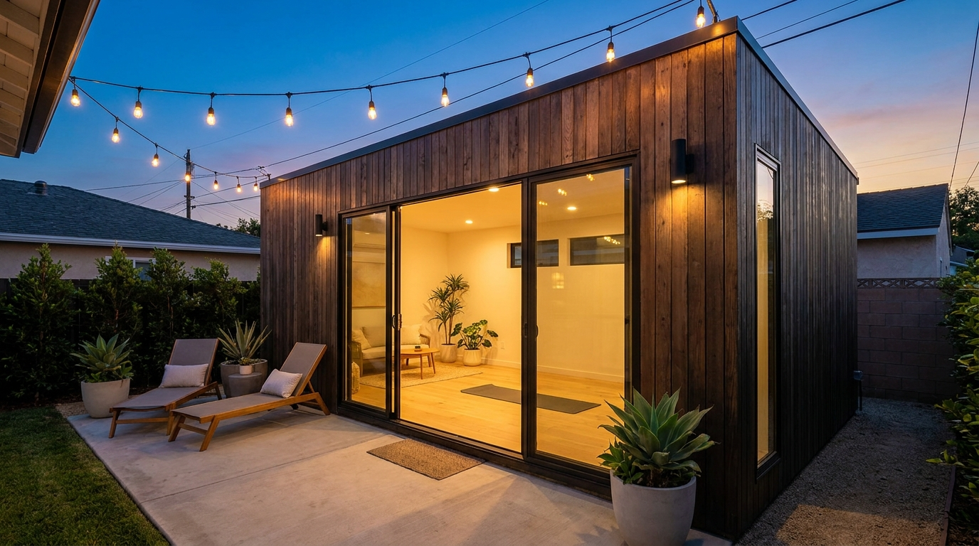 Modern detached ADU with warm interior lighting in an Orange County backyard at dusk