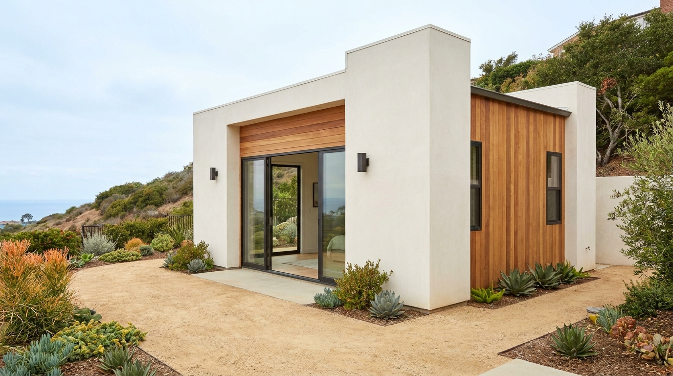 Modern detached ADU near a coastal Southern California hillside setting