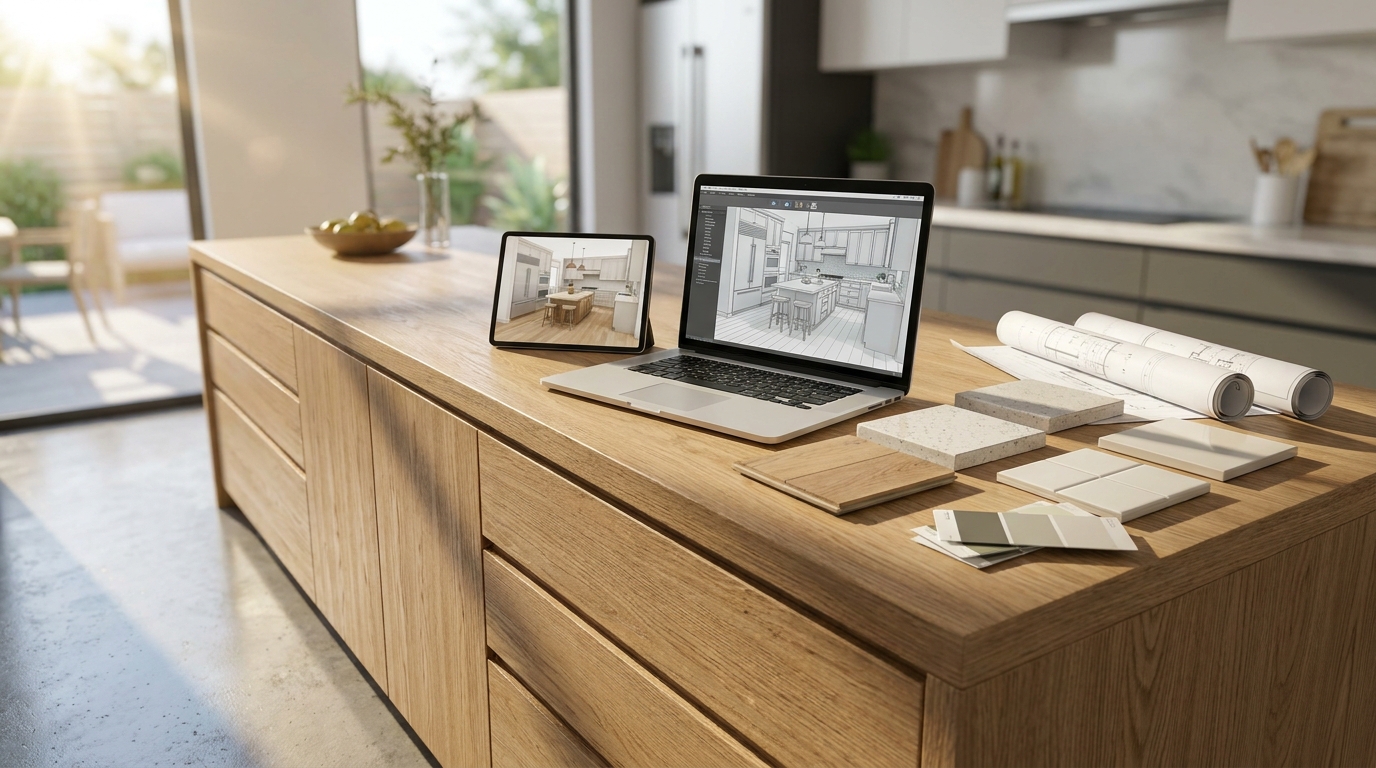 Laptop displaying a photorealistic 3D rendered kitchen remodel design next to material swatches