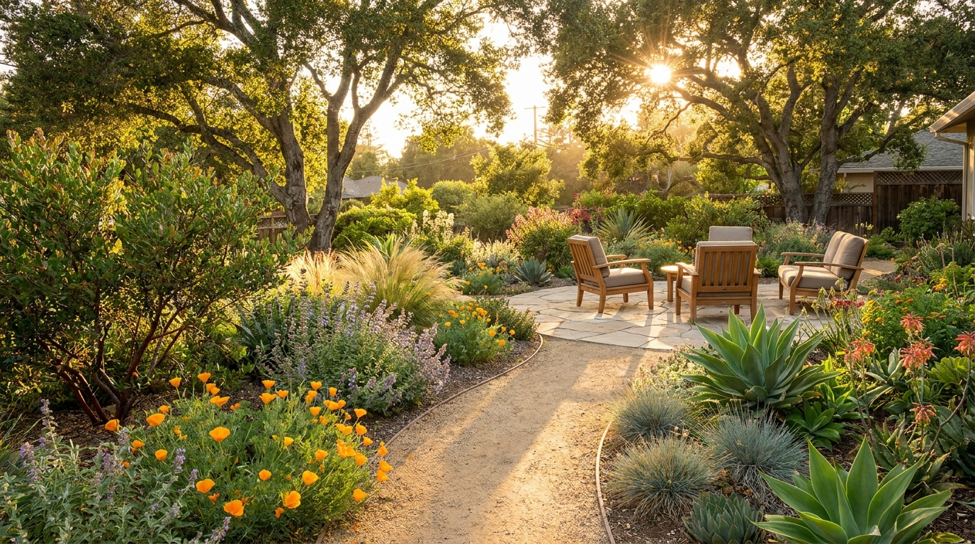 Completed backyard landscaping project with pool, turf, and outdoor kitchen in Orange County