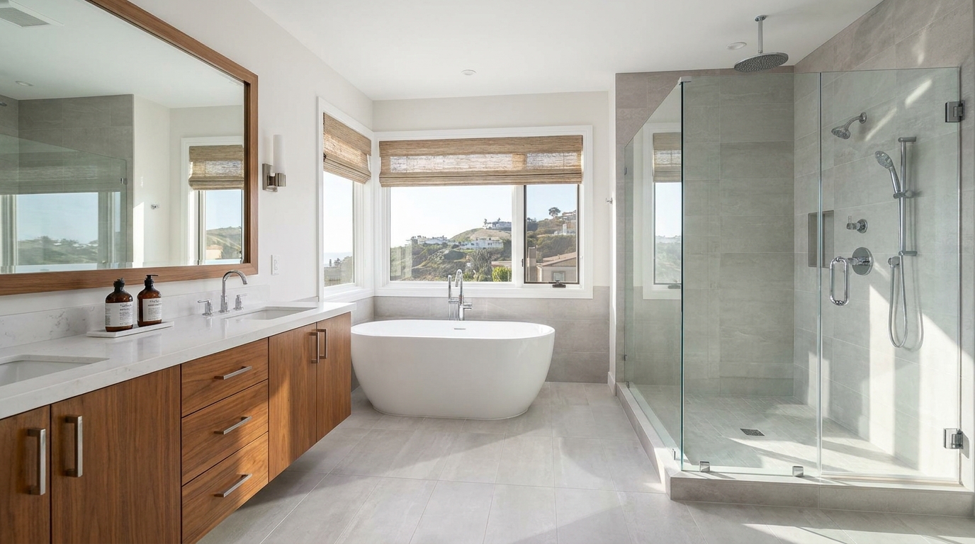 Newly remodeled modern bathroom with large-format tile and freestanding tub in an Orange County home