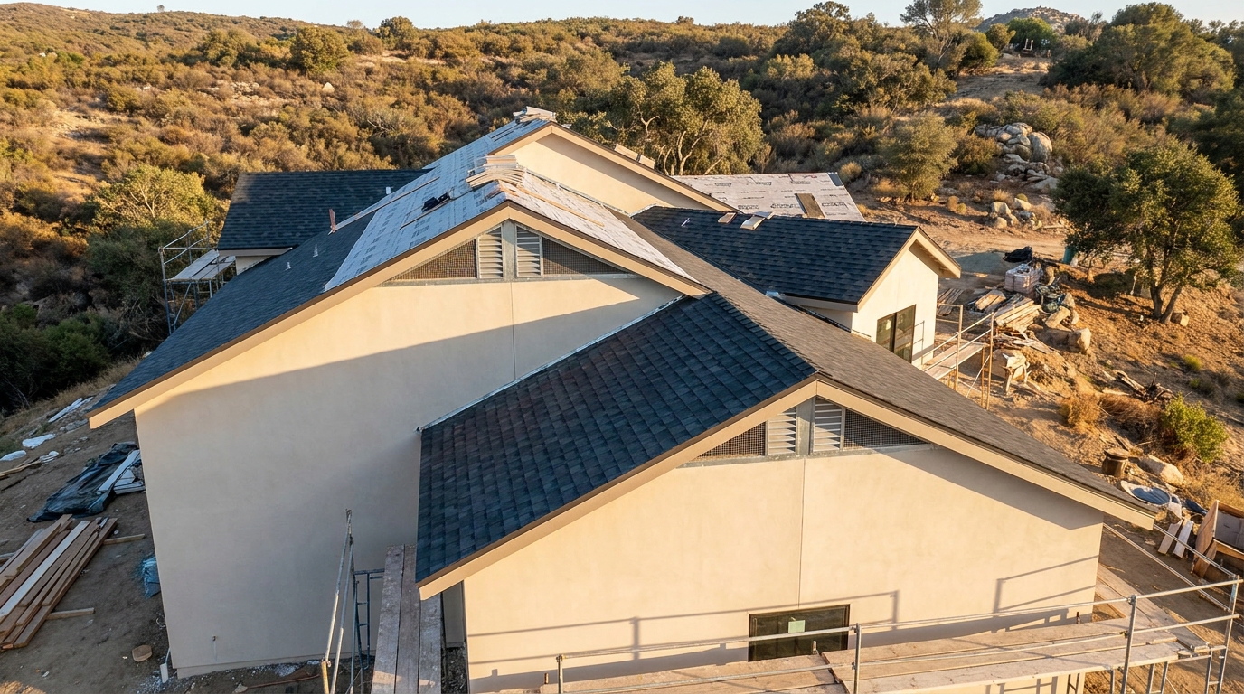 California hillside home with fire-resistant roofing and vents under a WUI-compliant remodel