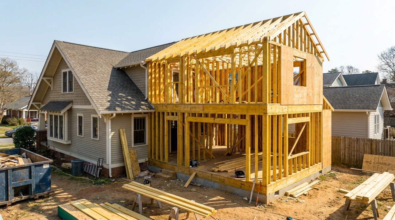 New home addition under construction with wood framing visible
