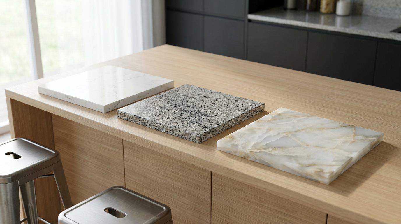 Kitchen island showcasing quartz, granite, and quartzite countertop samples