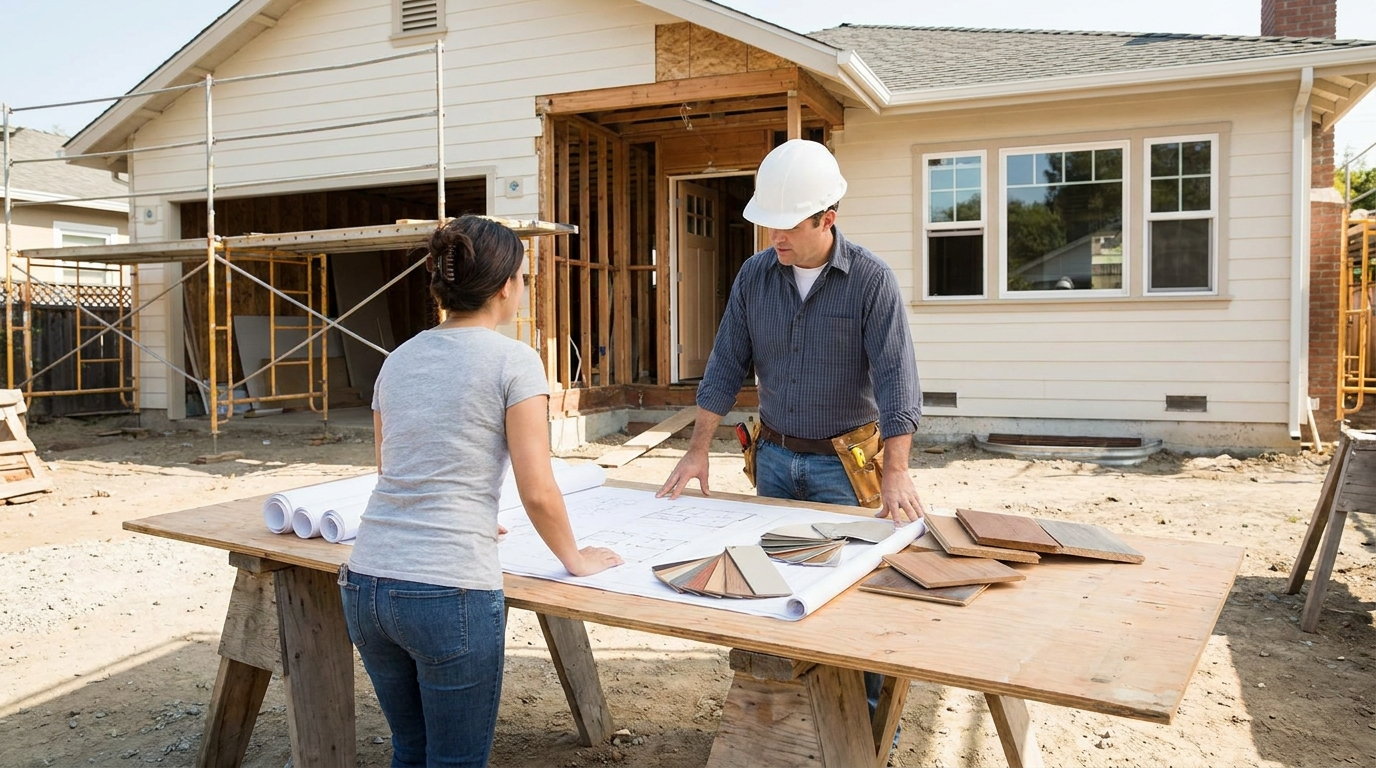 Contractor and homeowner reviewing blueprints and material samples at a construction site