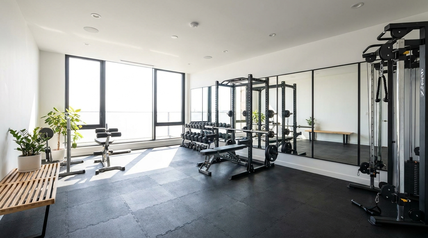 Converted garage home gym with rubber flooring, mirrors, and cable machine in Orange County
