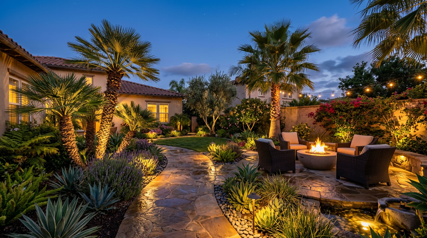 Southern California backyard at twilight with low voltage landscape lighting