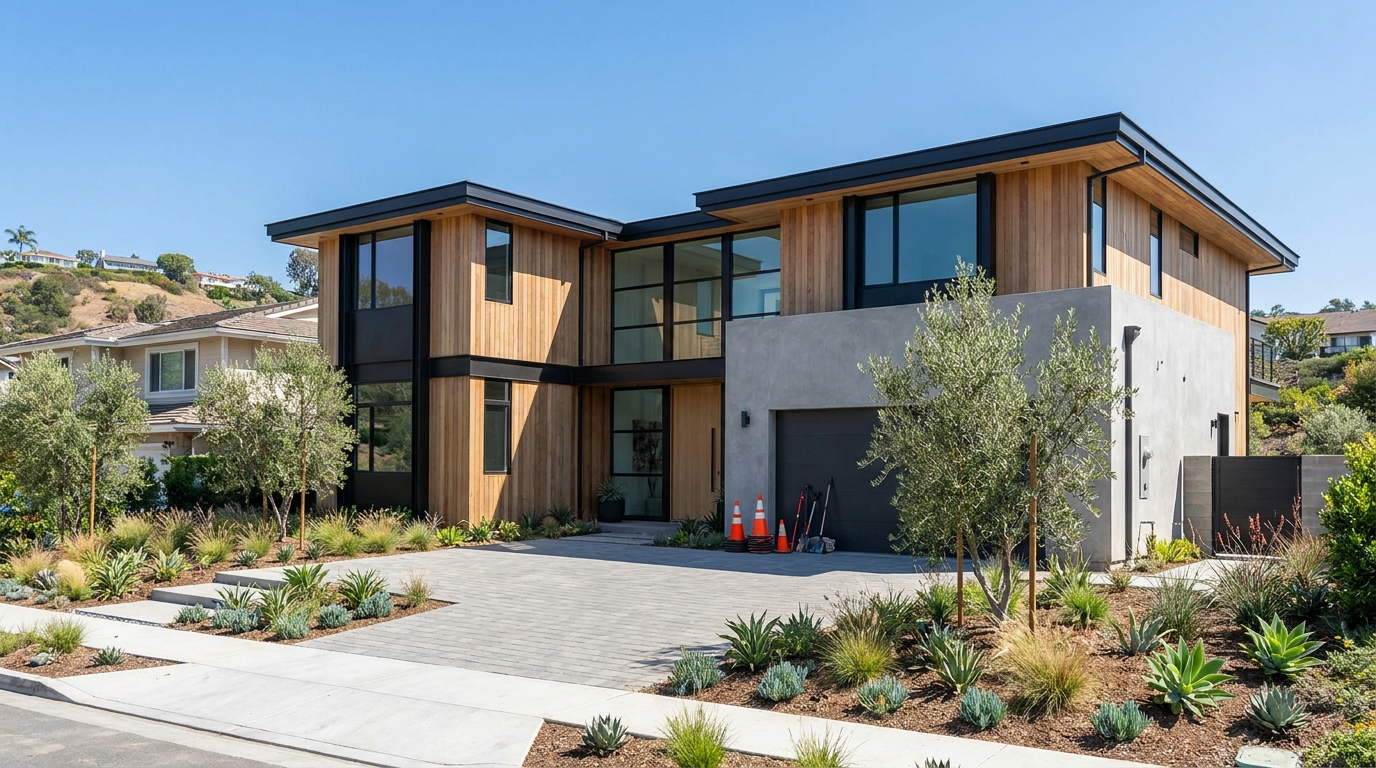 Newly built custom modern home exterior in Orange County