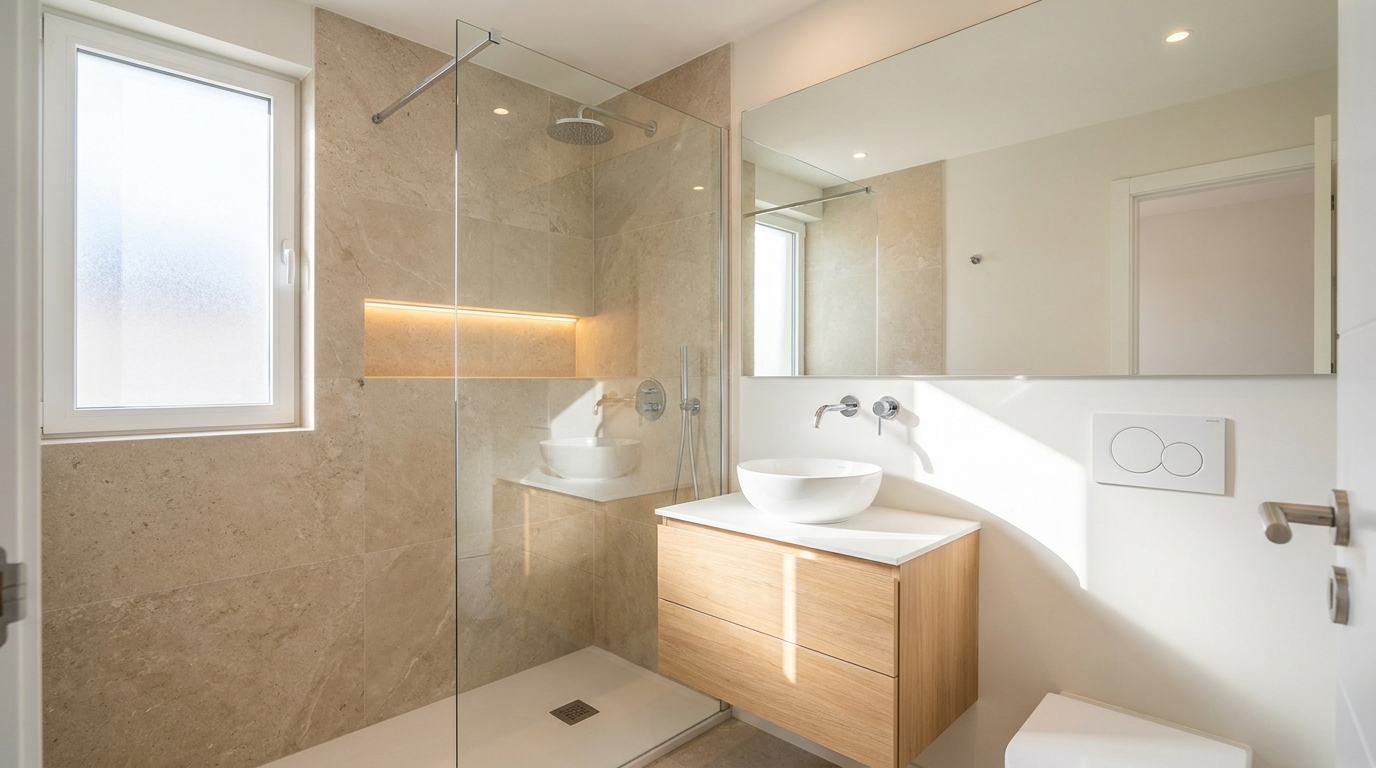 Small remodeled bathroom with walk-in shower, floating vanity, and large mirror