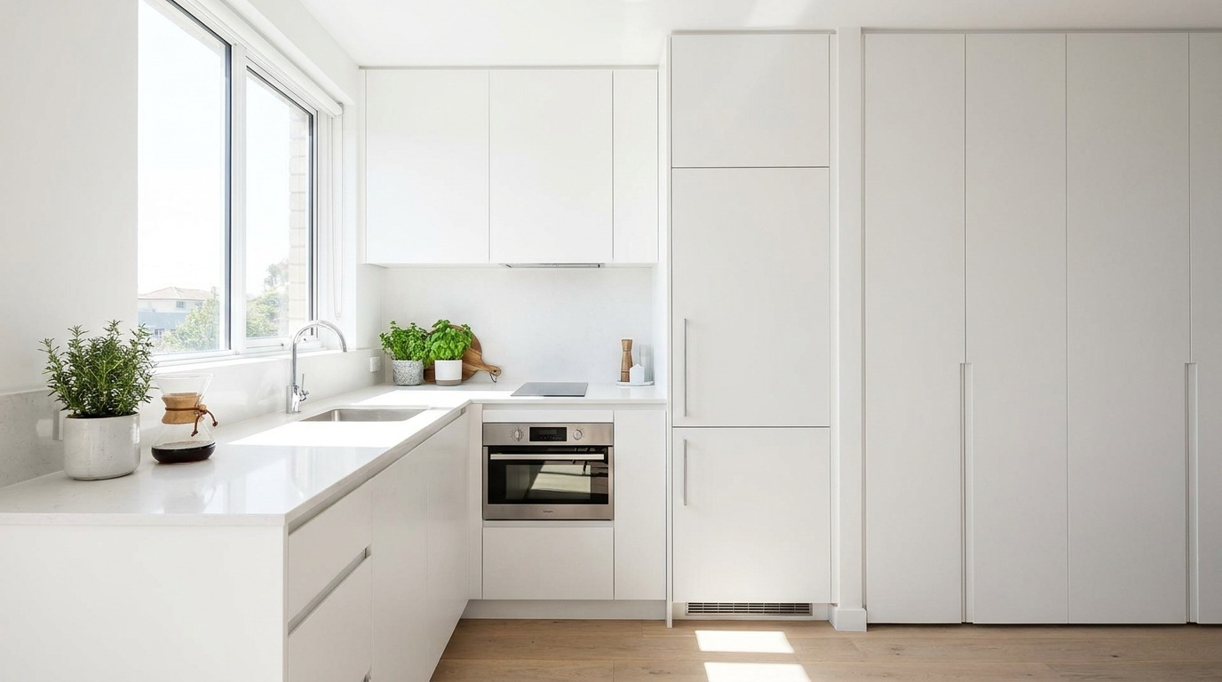 Small bright modern kitchen with white cabinetry and floor-to-ceiling storage