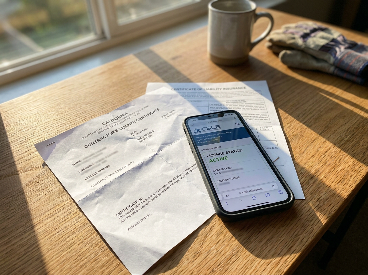Contractor license and insurance certificate on a table