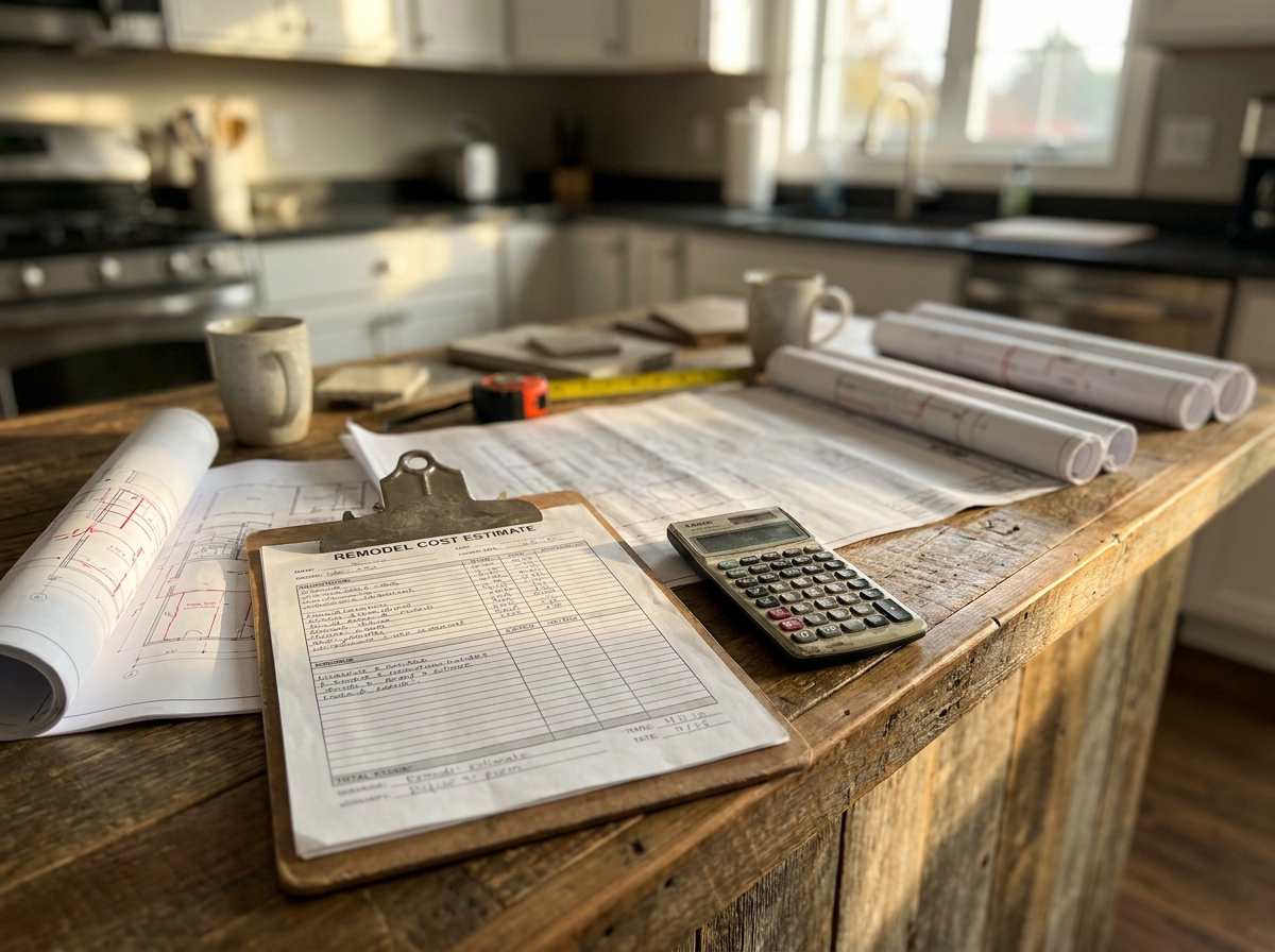 Remodel cost estimate clipboard, calculator, and blueprints on a kitchen island