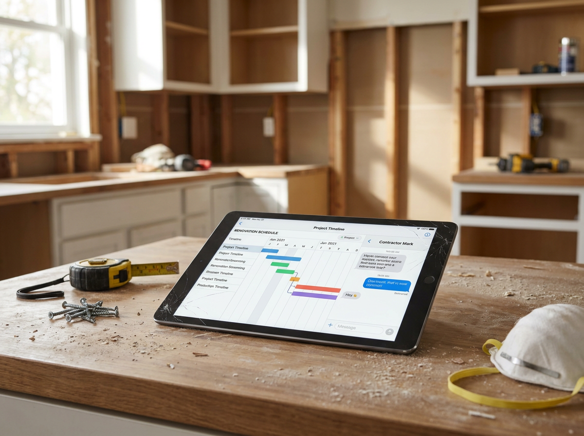 Tablet showing a renovation project timeline on a kitchen countertop