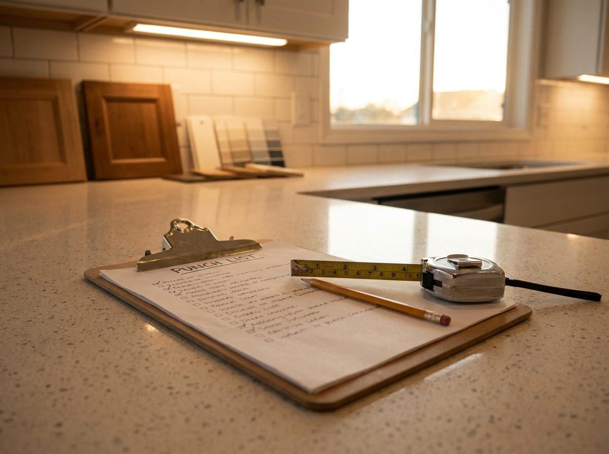 Punch list clipboard on a newly remodeled kitchen countertop
