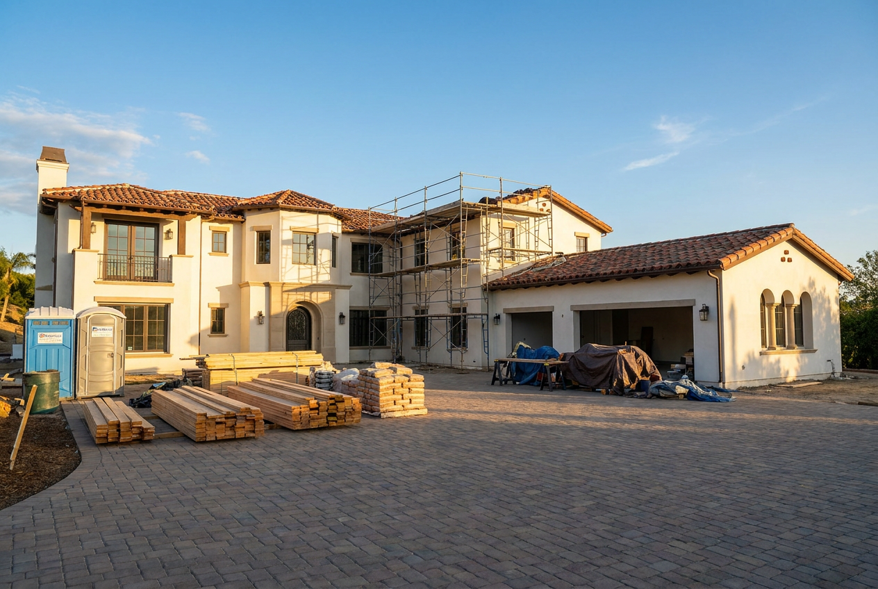 Orange County home under renovation with scaffolding and construction materials in the driveway