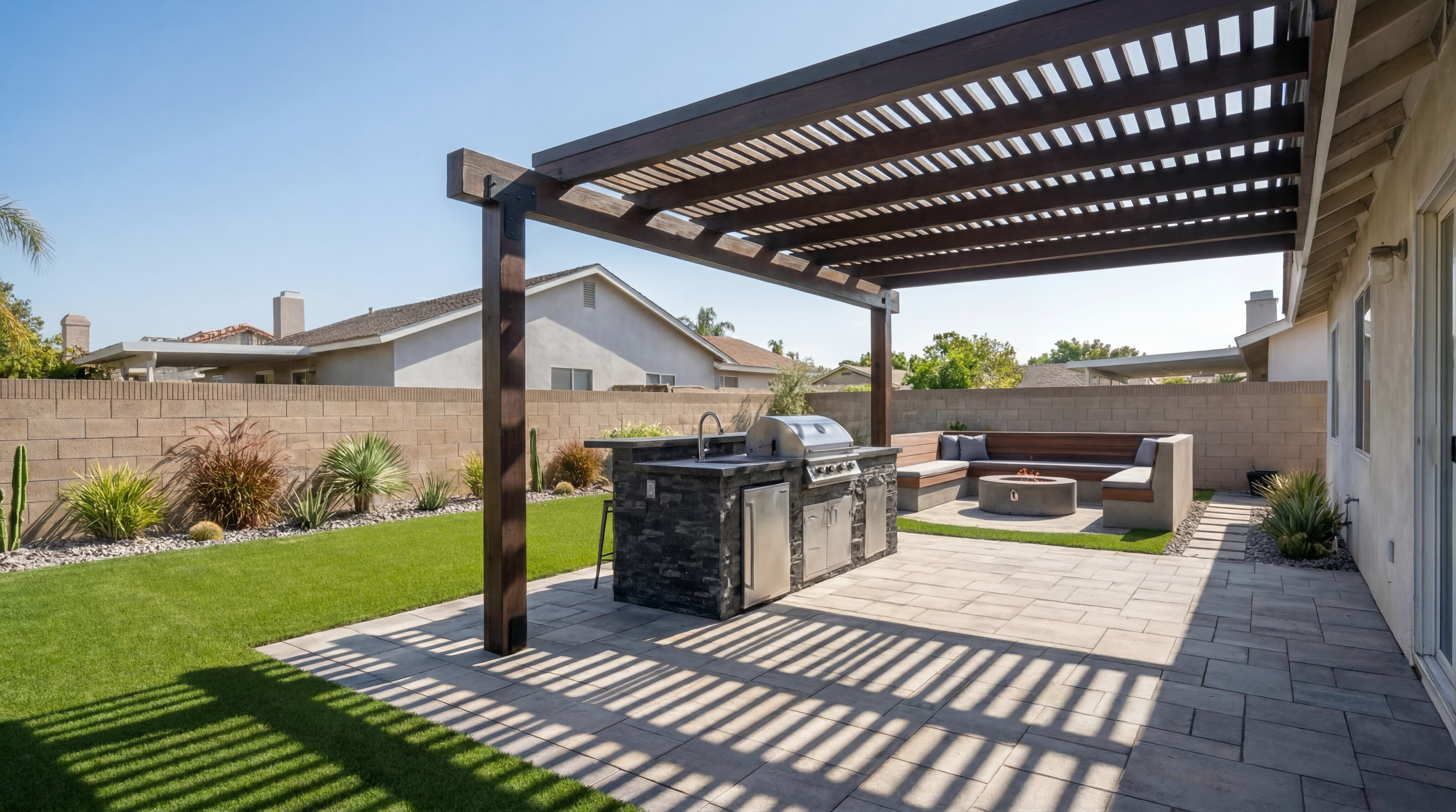 Orange County backyard with pergola, outdoor kitchen, turf, and fire pit seating